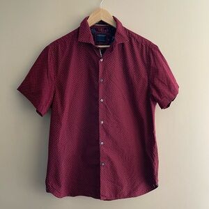 DENIM & FLOWER Ricky Singh Burgundy Polkadot Men’s Shirt Button Front GUC #510